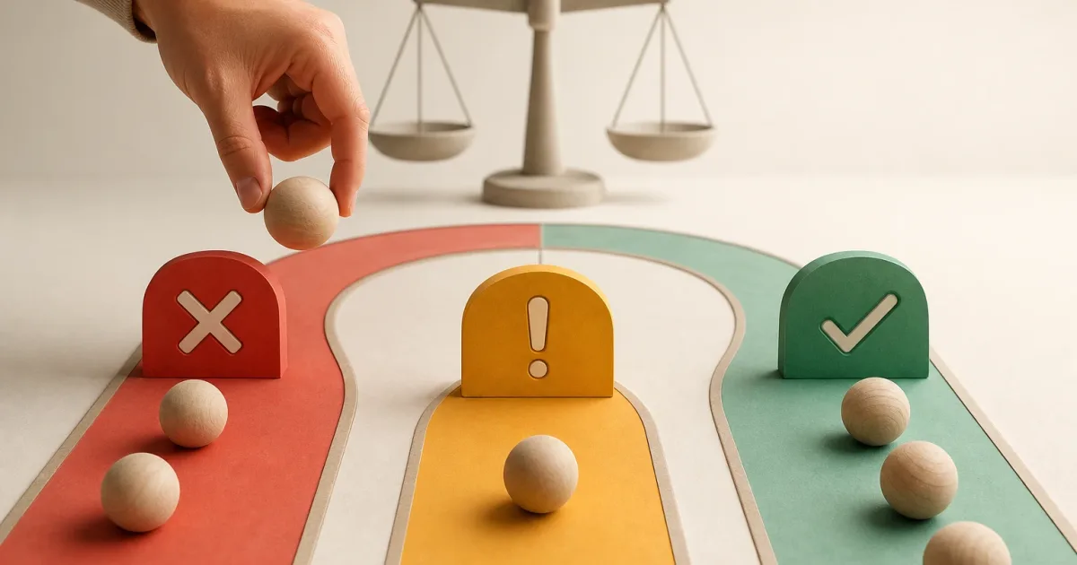 Diagramma decisionale per classificare gli errori in un processo digitale tra blocco, avviso e correzione successiva.