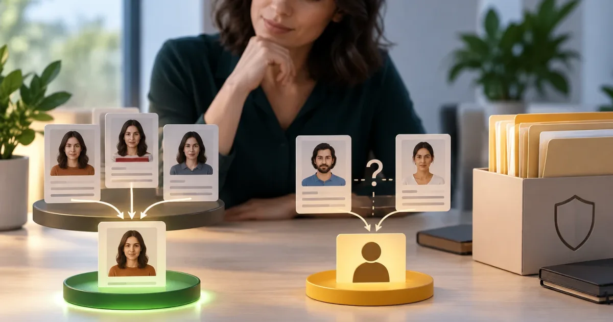 Customer profiles from multiple systems being compared before a decision to merge them or send them for review.