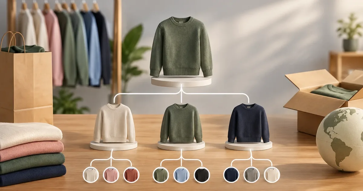 Esquema de um produto de e-commerce que agrupa variantes e ofertas para diferentes canais de venda
