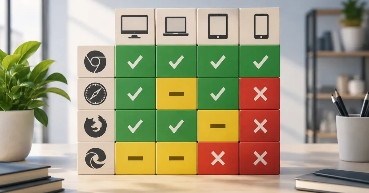 Matriz de compatibilidad de una aplicación con navegadores, dispositivos, versiones y niveles de soporte